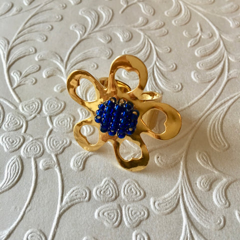 Floral Ring with Beads and Heart Shaped Petals 