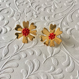 Mini - Red Beaded Heart Flower Earrings