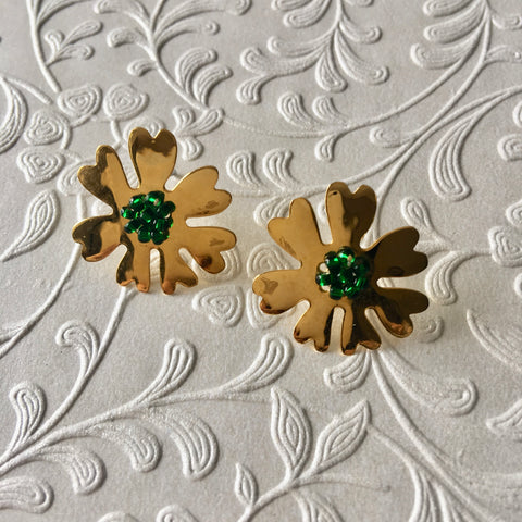 Mini - Green Beaded Heart Flower Earrings