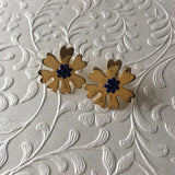 Mini - Dark Blue Beaded Heart Flower Earrings
