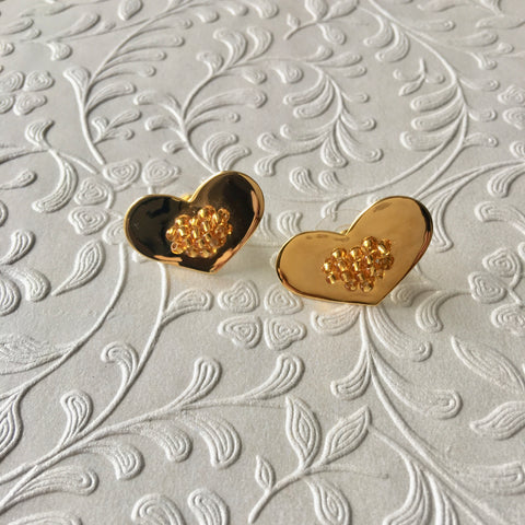 Mini - Yellow Beaded Heart Earrings